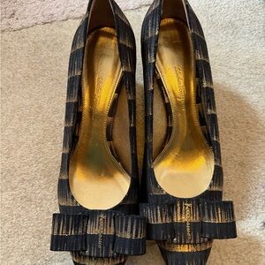 Salvatore Ferragamo Black and Gold Heels